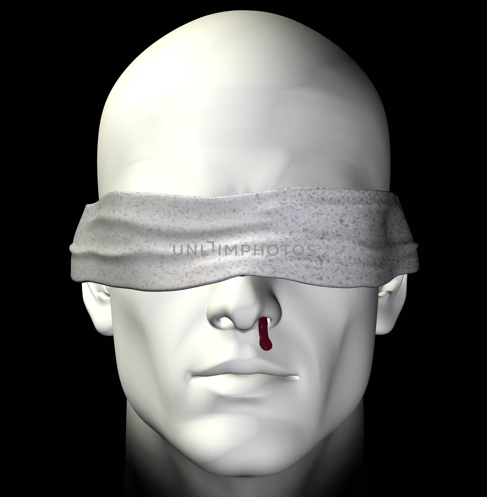 Blindfolded tortured man with bleeding nose. 3d illustration.