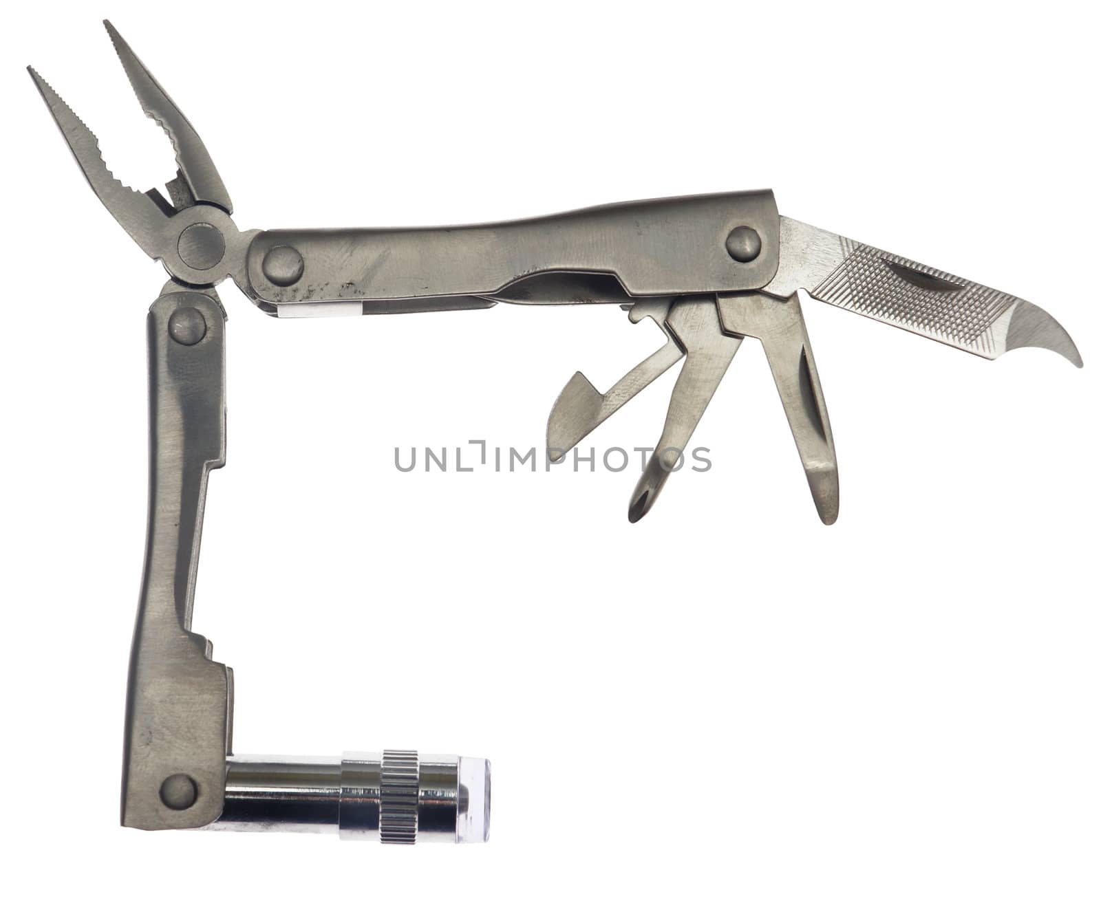 Steel multitool, isolated against background