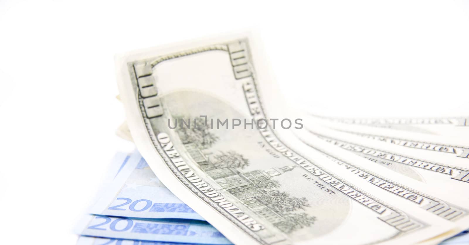 Euros and dollars  isolated on white background
