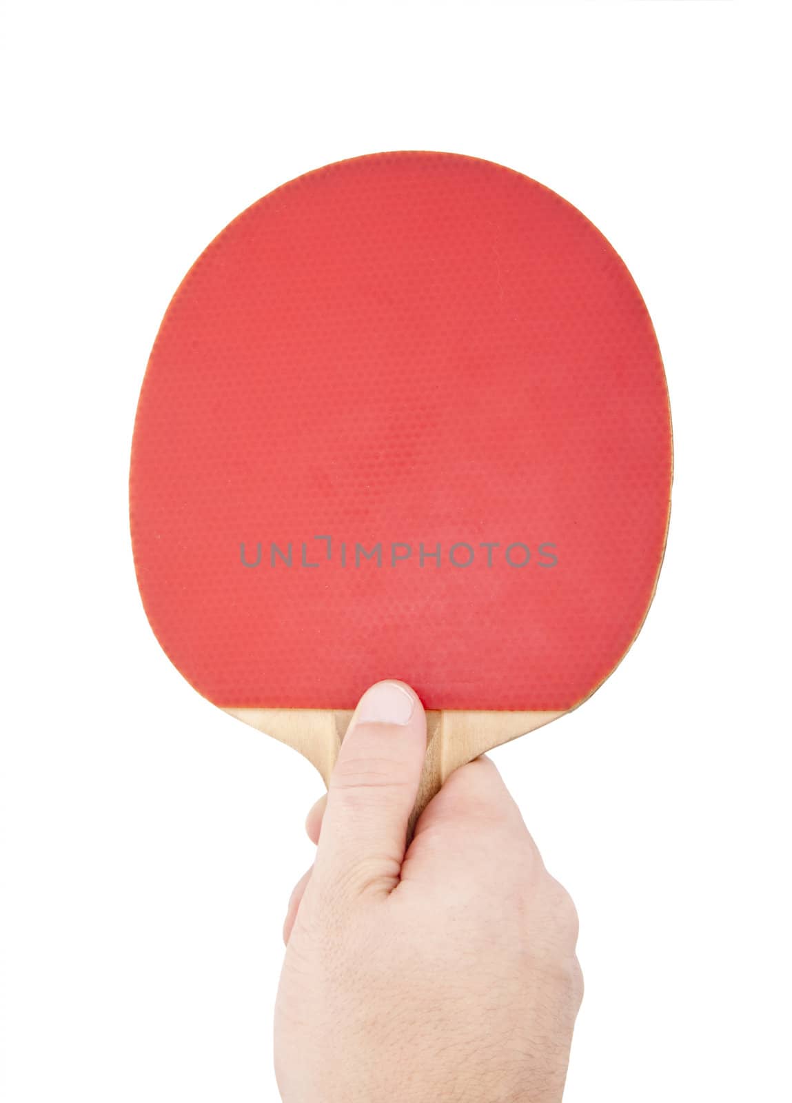 Red table tennis racket in the hand isolated