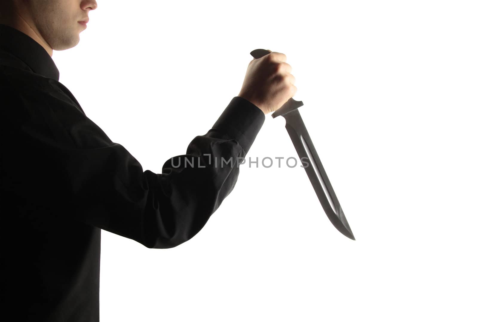 Man hold knife - aggression isolated on white background