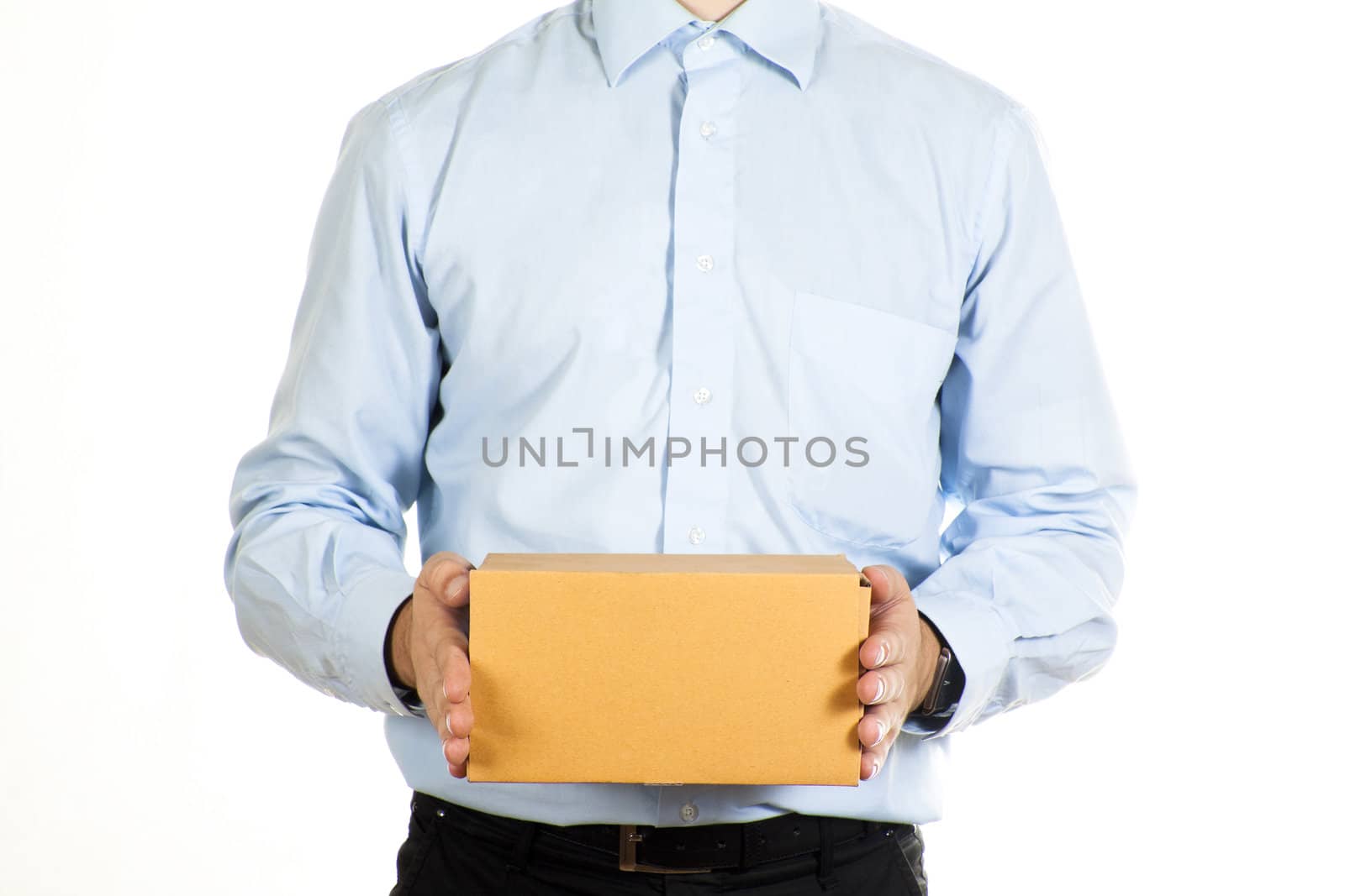 Businessman holding a paper box isolated by shutswis