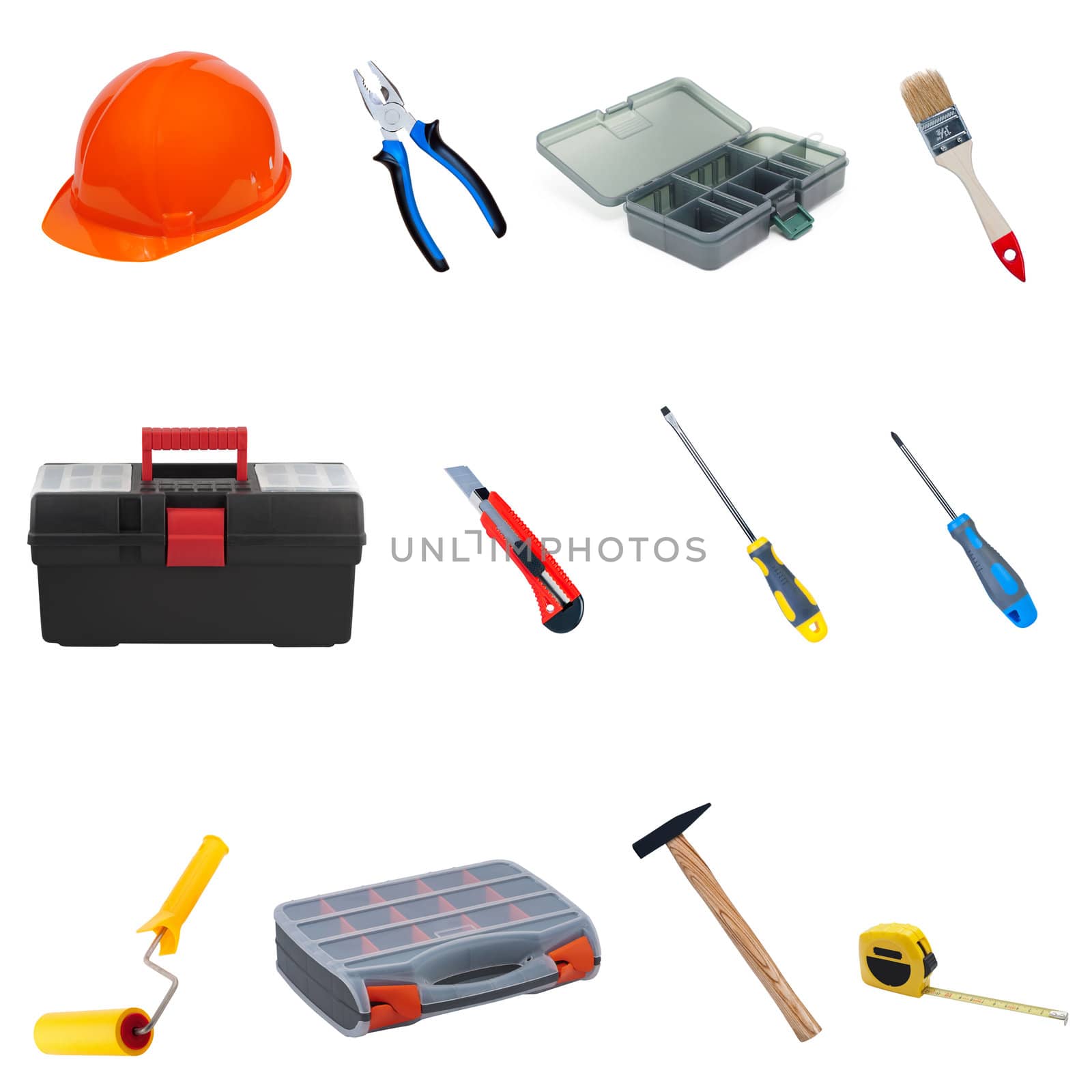 Set construction tools and equipment isolated on white background.