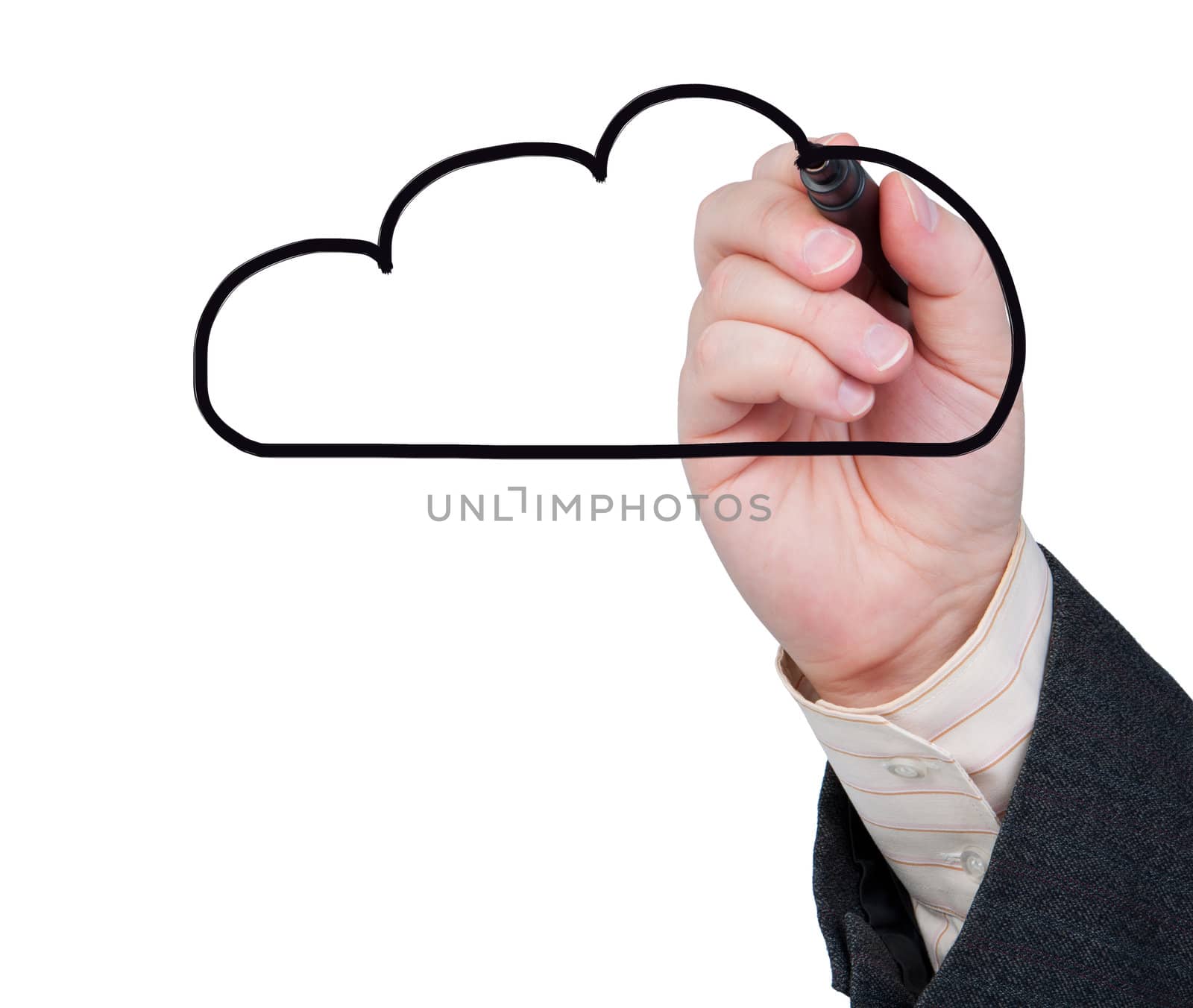 Hand with marker draws a cloud on white background. Concept of cloud computing or weather.