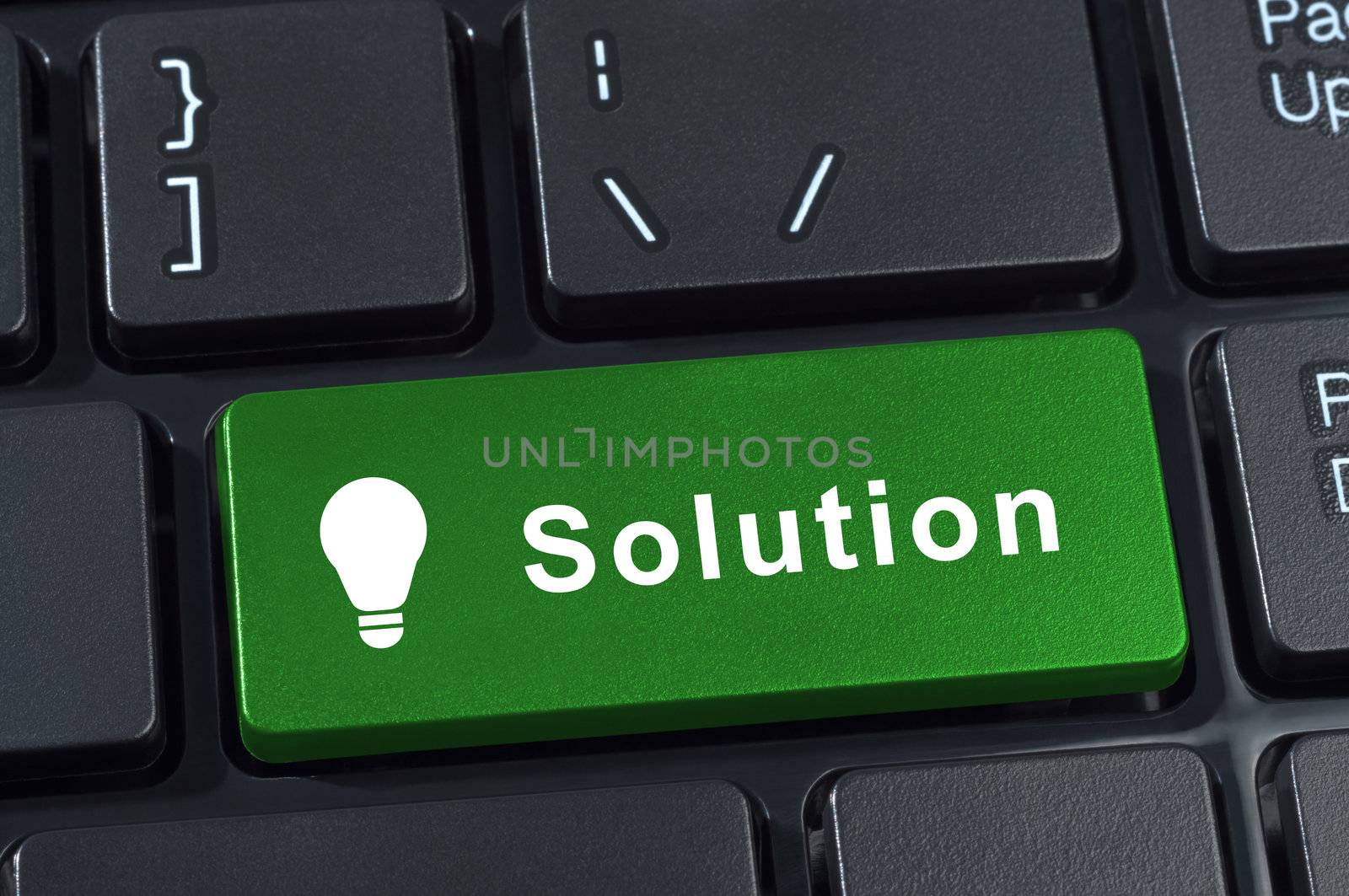 Solutions button computer keyboard with icon lightbulb.