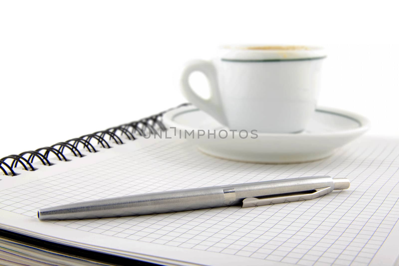 blank page, empty cup of coffe, pen