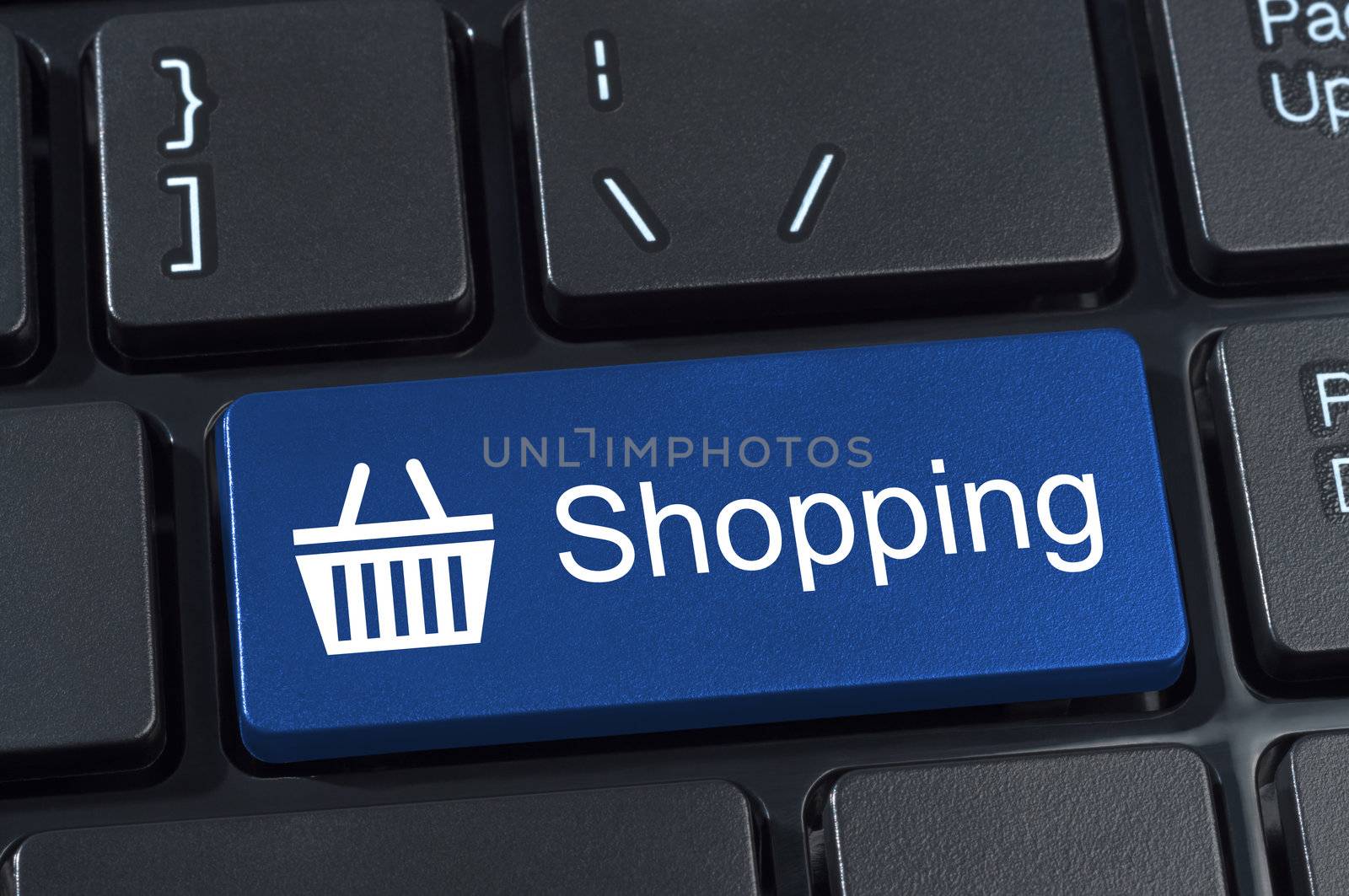Shopping button keypad with basket icon. Internet concept of consumerism and e-commerce.