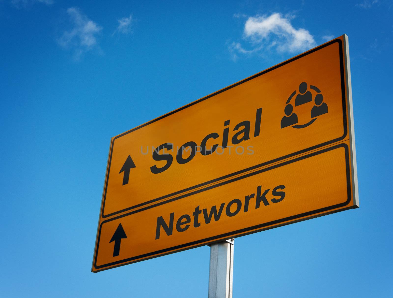 Social networks road sign. Concept interaction and cooperation people.
