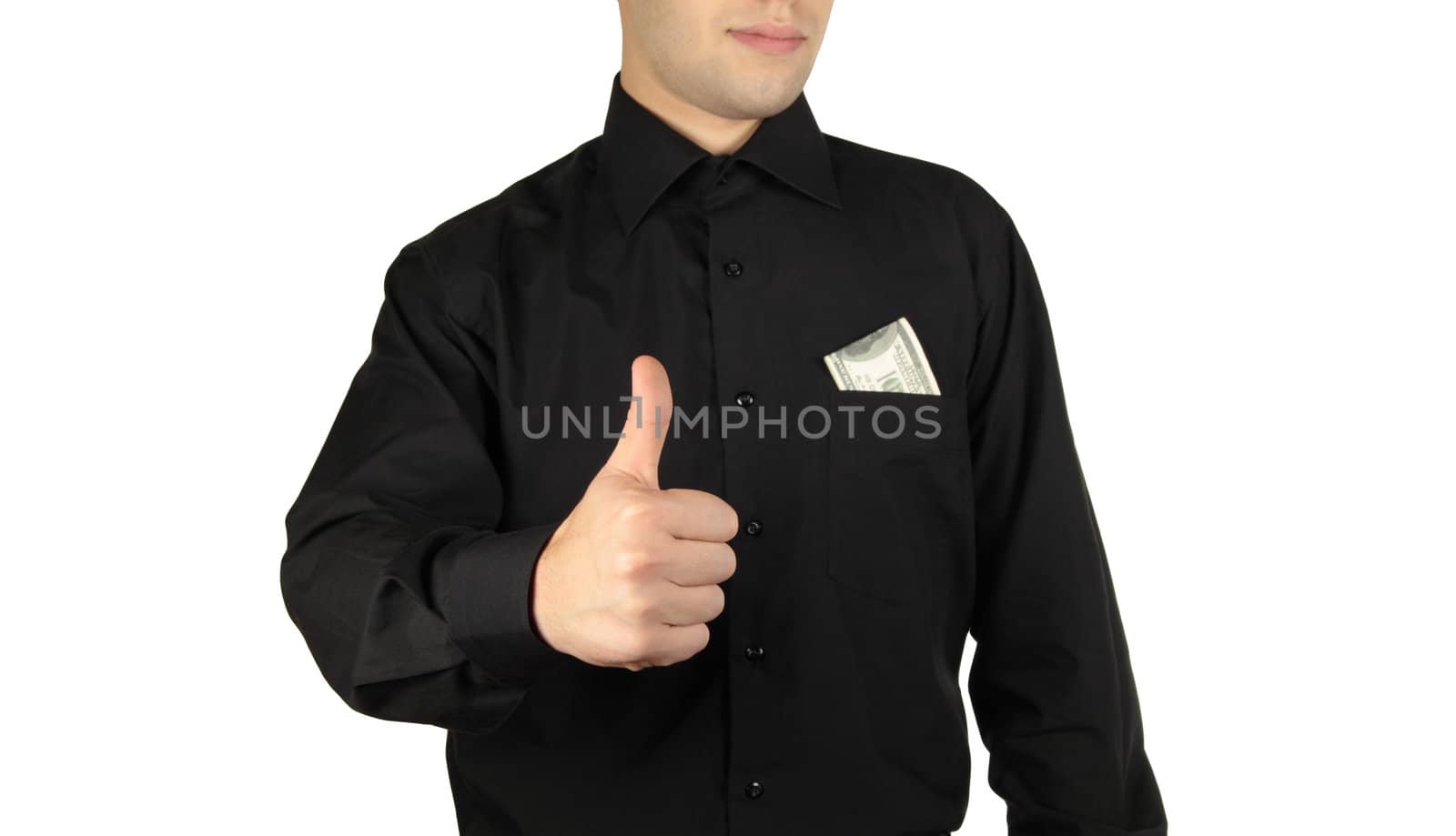 Businessman with money in pocket showing okay sign by shutswis