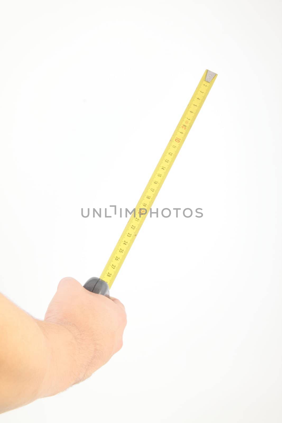 hand measuring by tape measure isolated on white