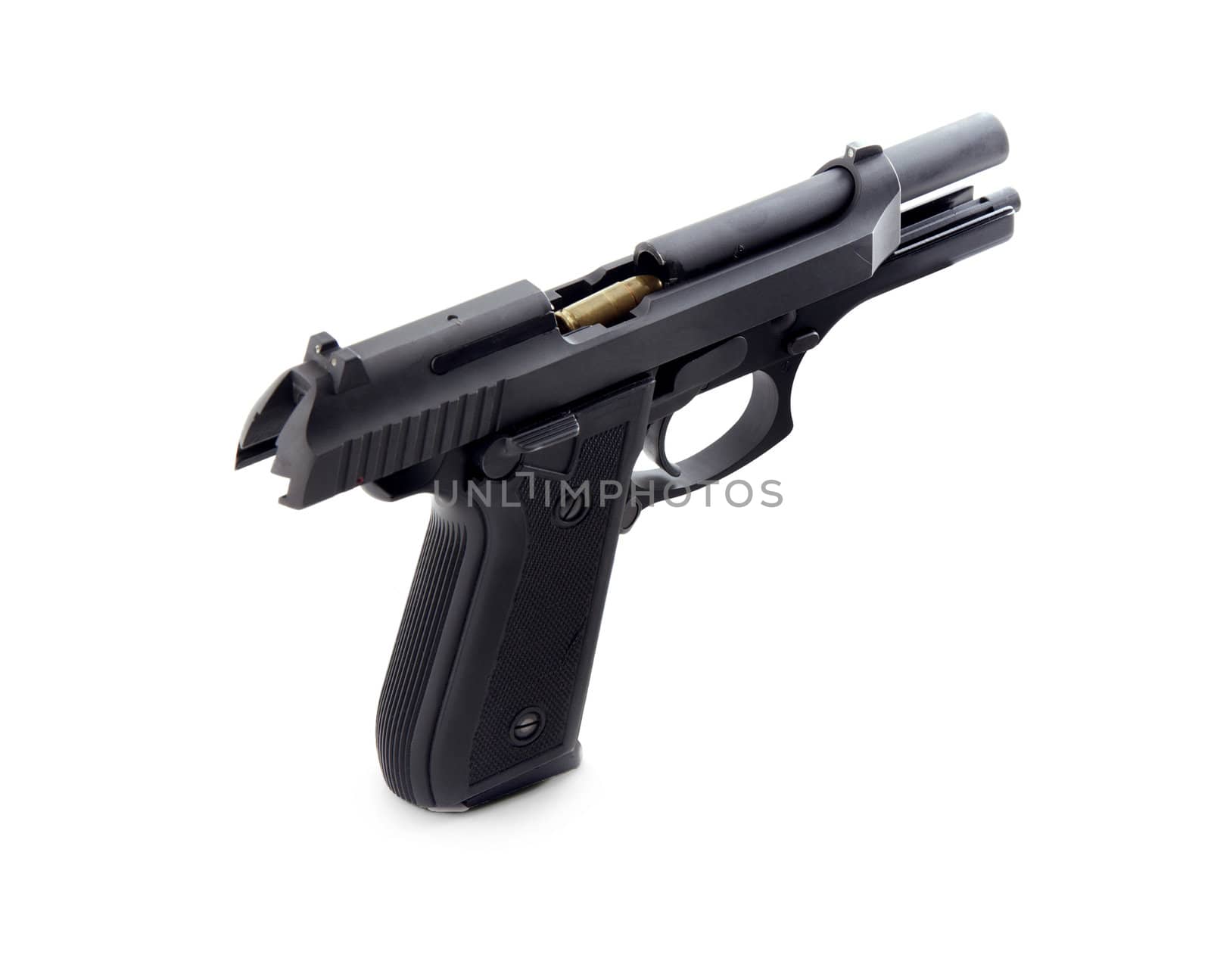 Handgun with loaded bullet on white background