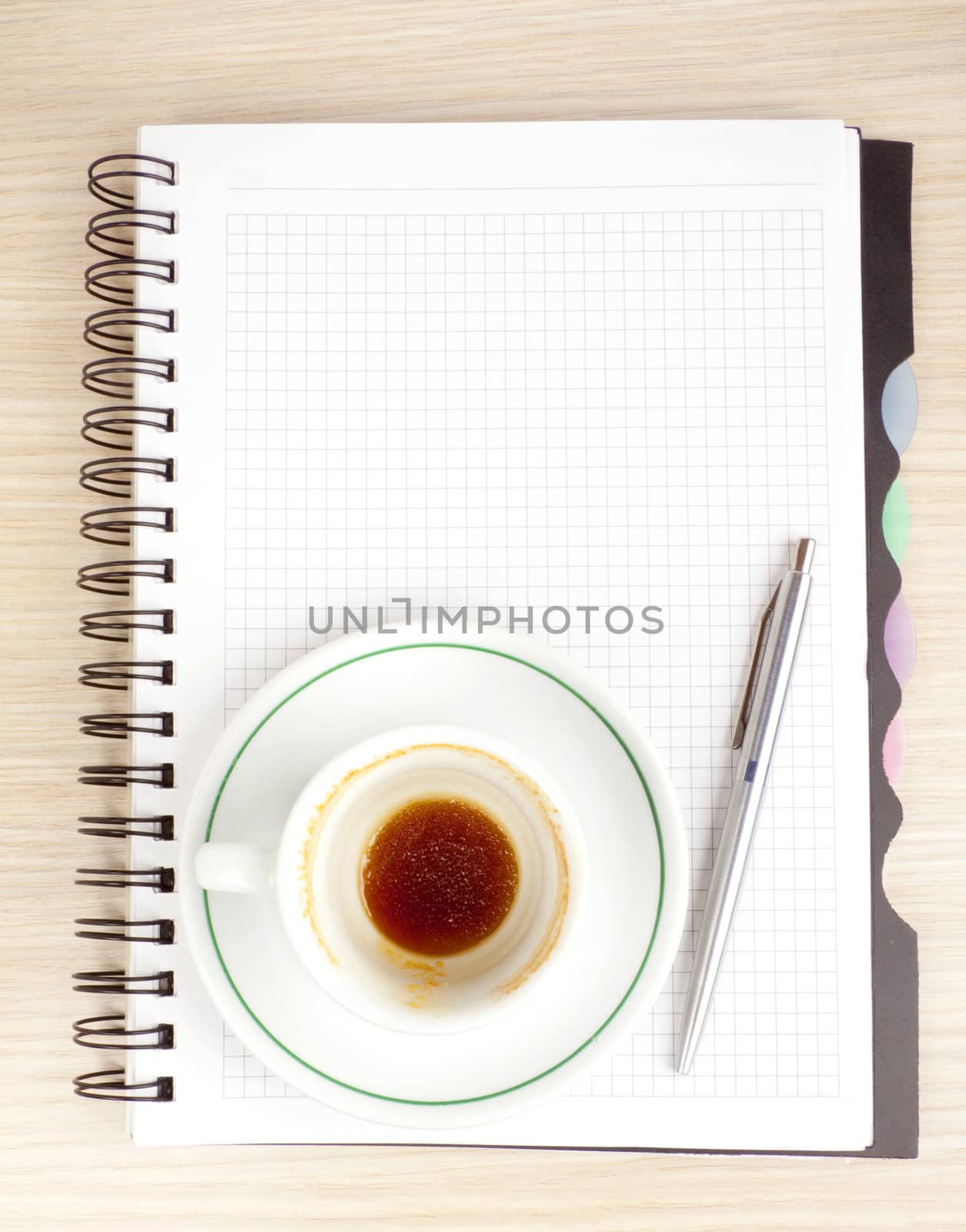 blank page, empty cup of coffe, pen