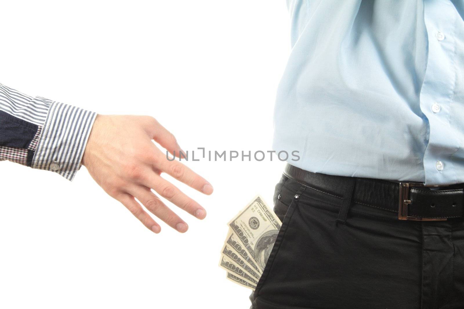 Hand taking money from pocket on white