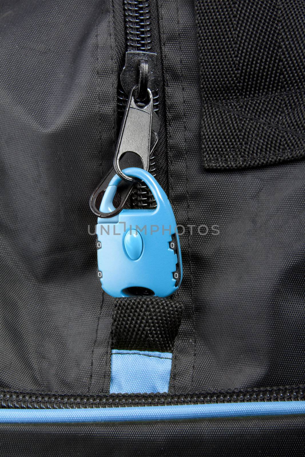 Blue lock on bag close up or background