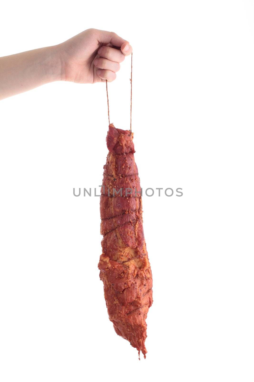 hand holding meat isolate on white background