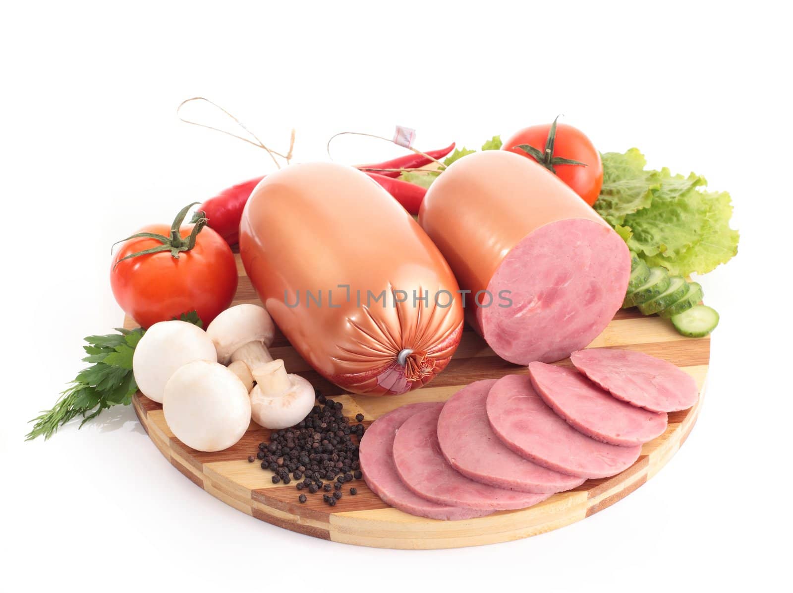 ham with vegetables and mushrooms isolated on white