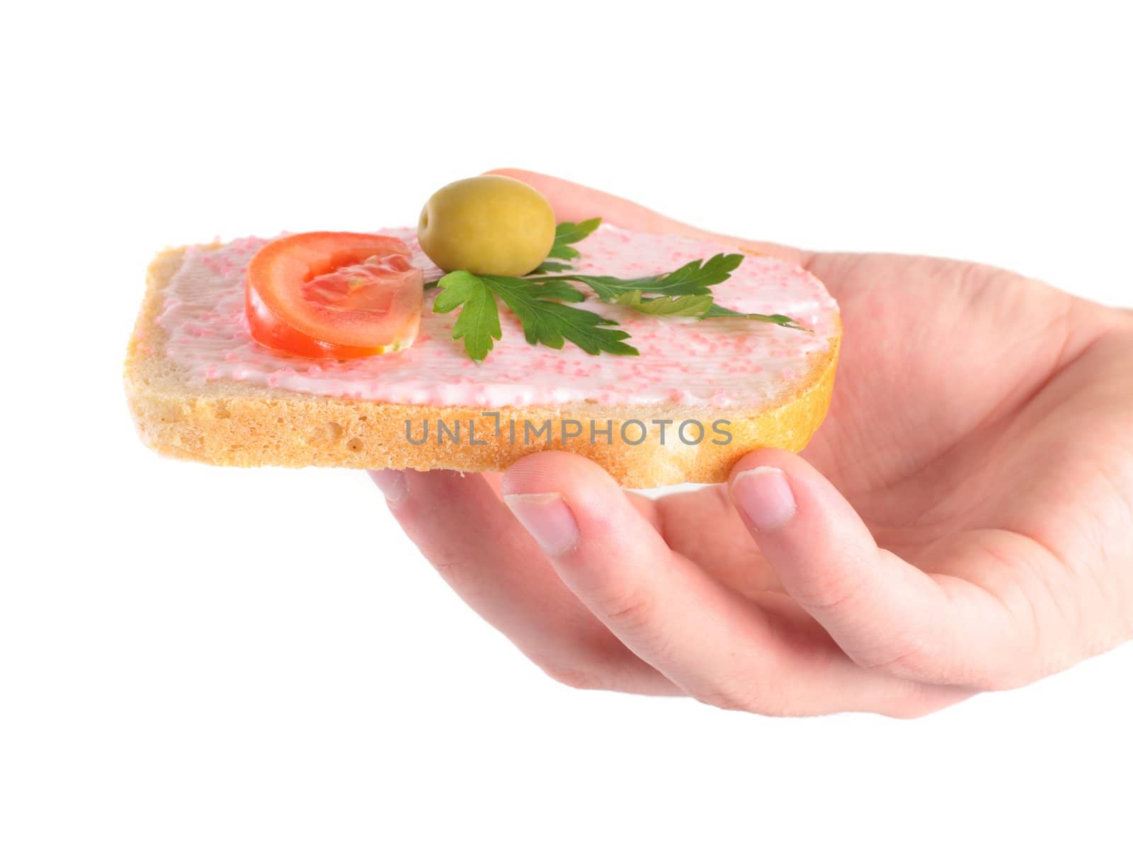 man holding delicious toast isolated on white