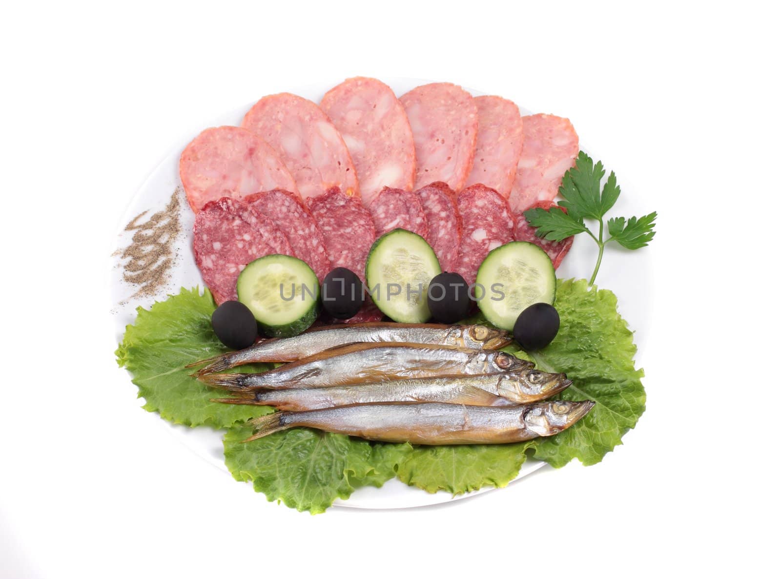 meat and fish on plate isolated on white