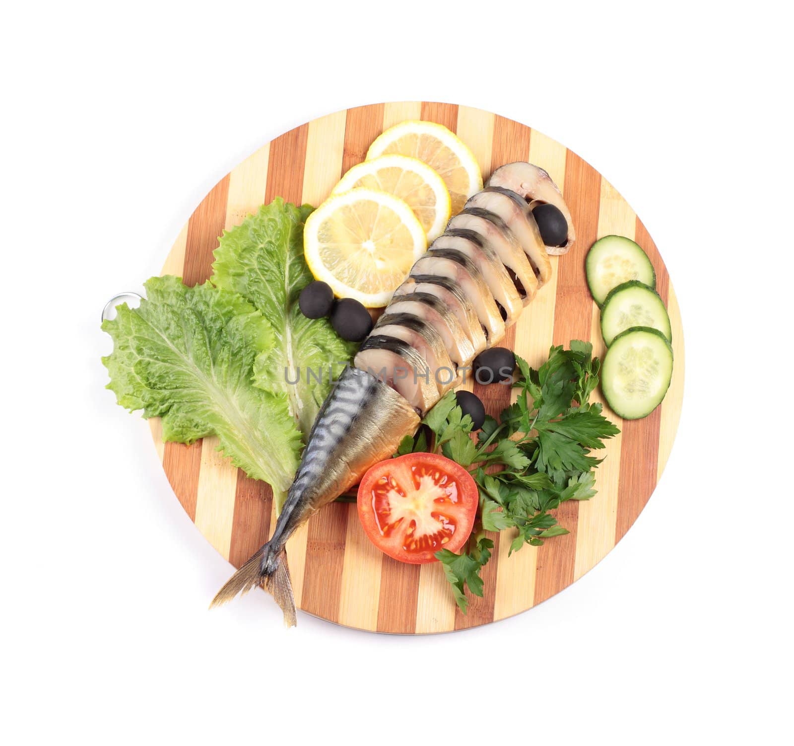 sliced herring on wooden plate isolated on white