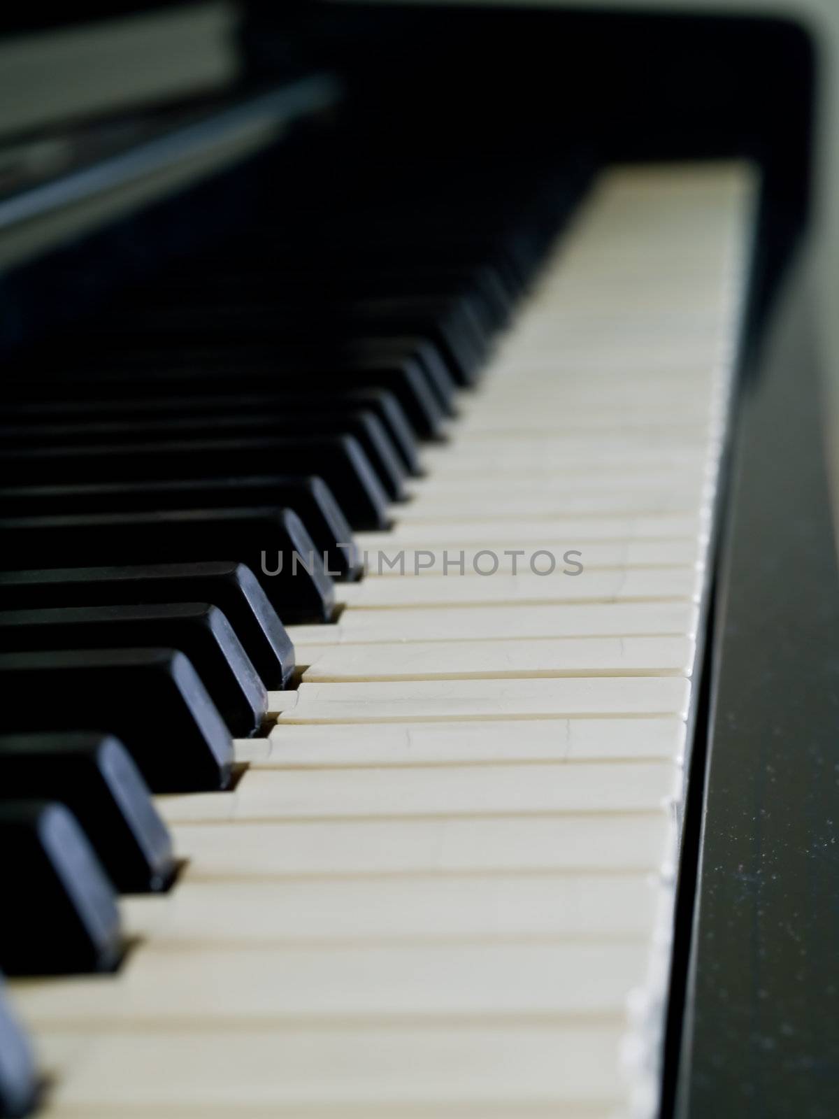 Piano keys of a very well loved and often played piano 