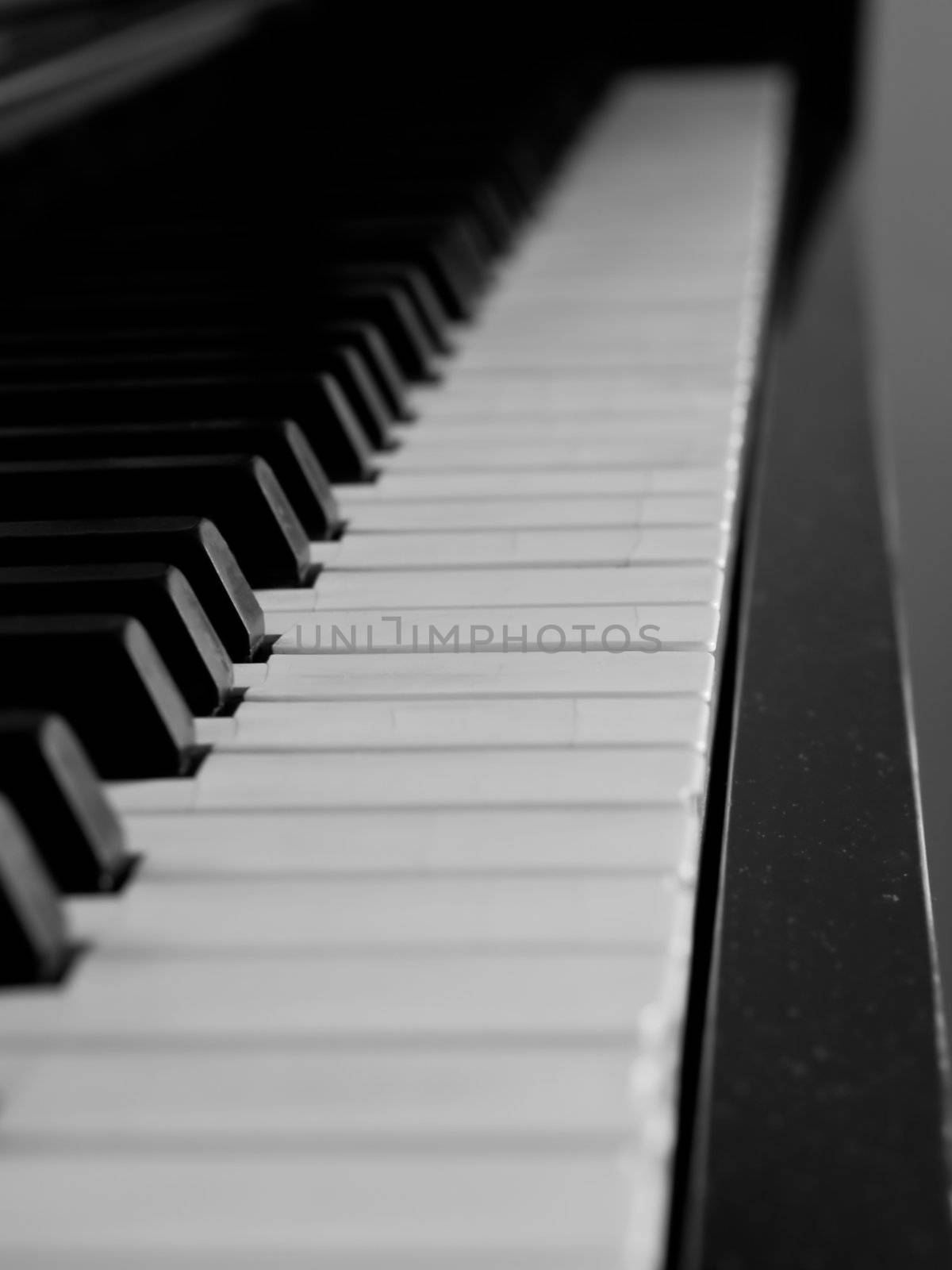 Piano keys of a very well loved and often played piano 