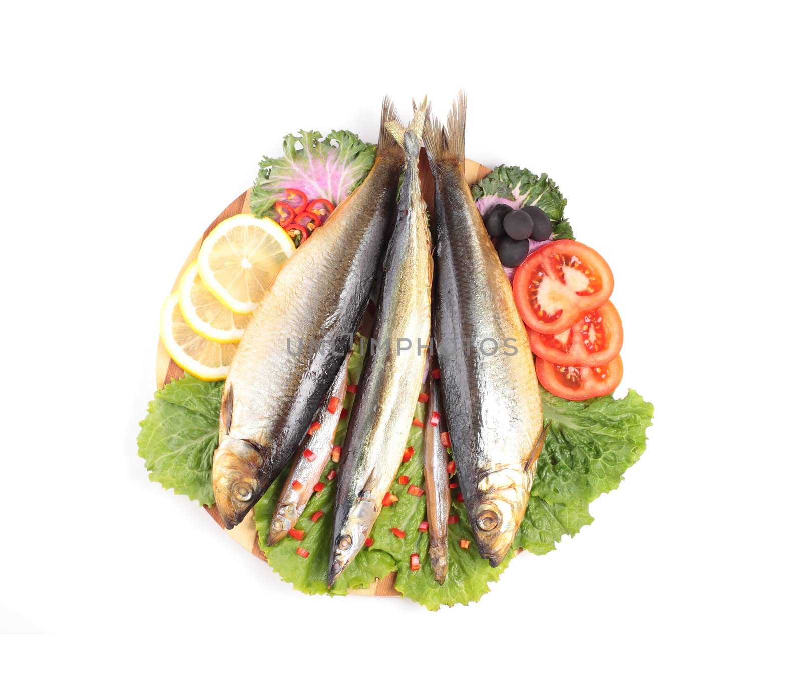 pickled herring with tomato rings isolated on white