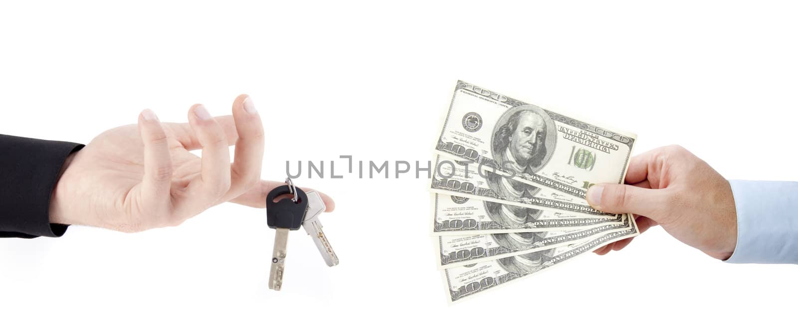 hands holdind money and car keys isolated on white background