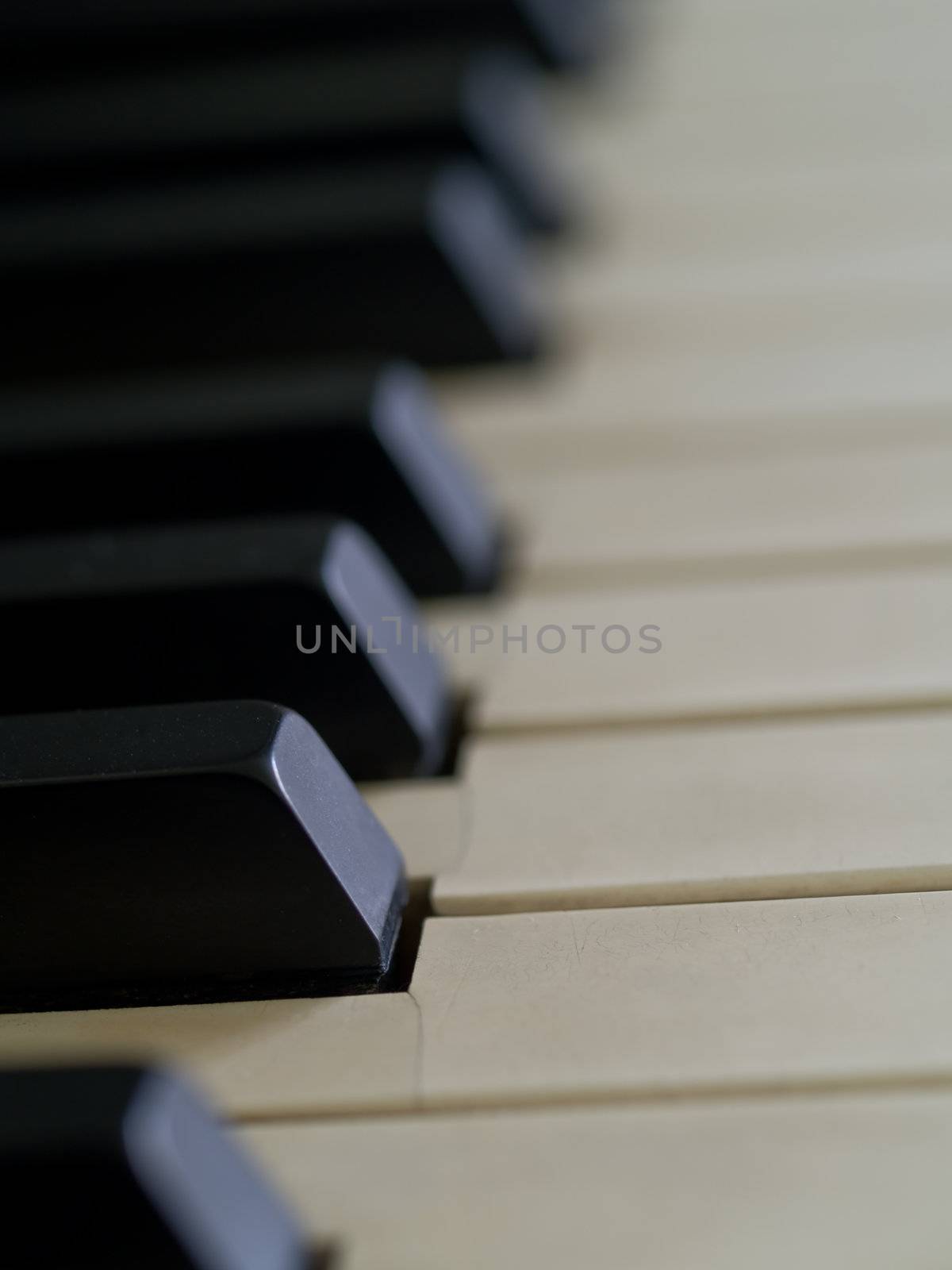 Piano keys of a very well loved and often played piano 