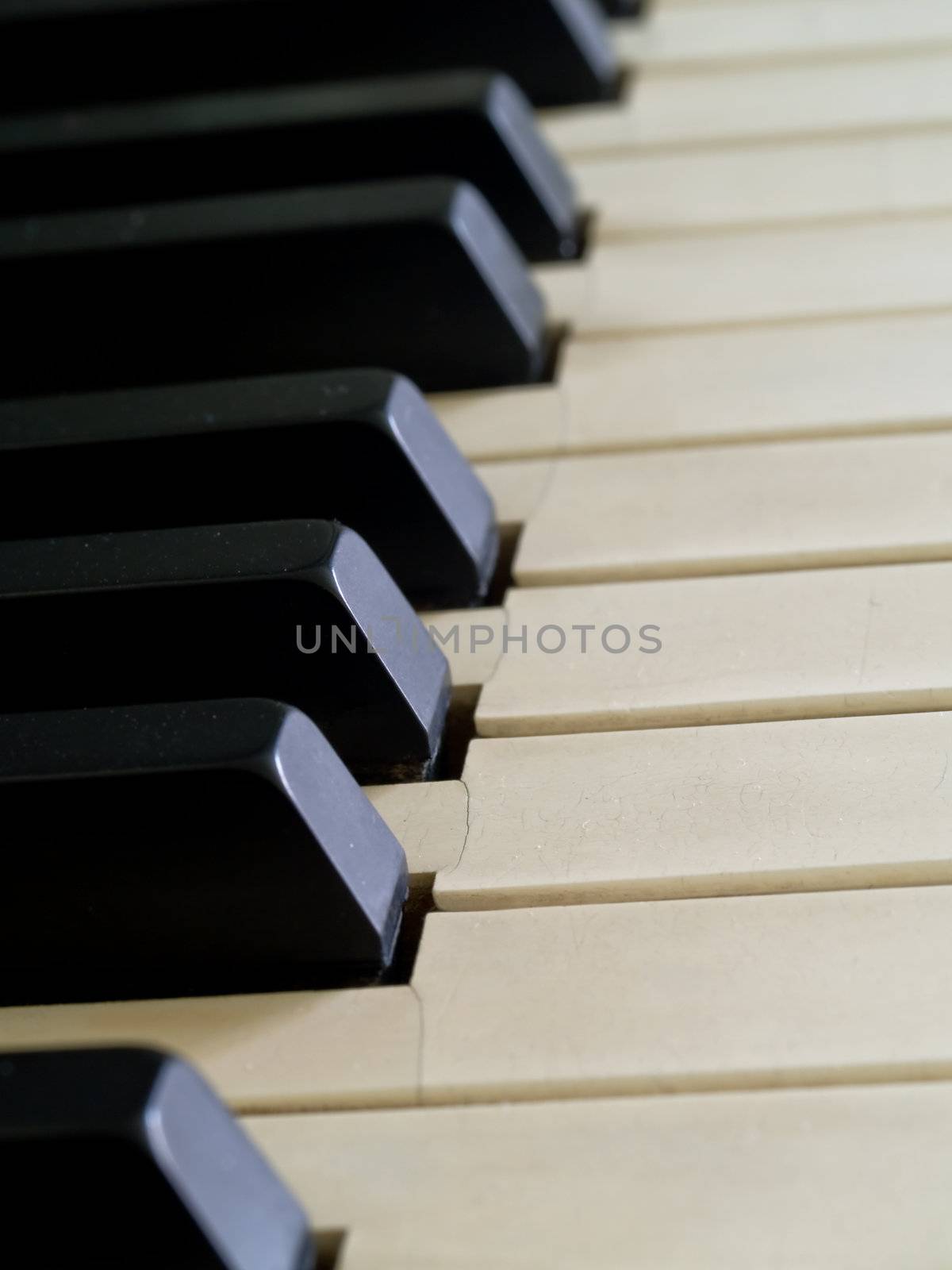 Piano keys of a very well loved and often played piano 