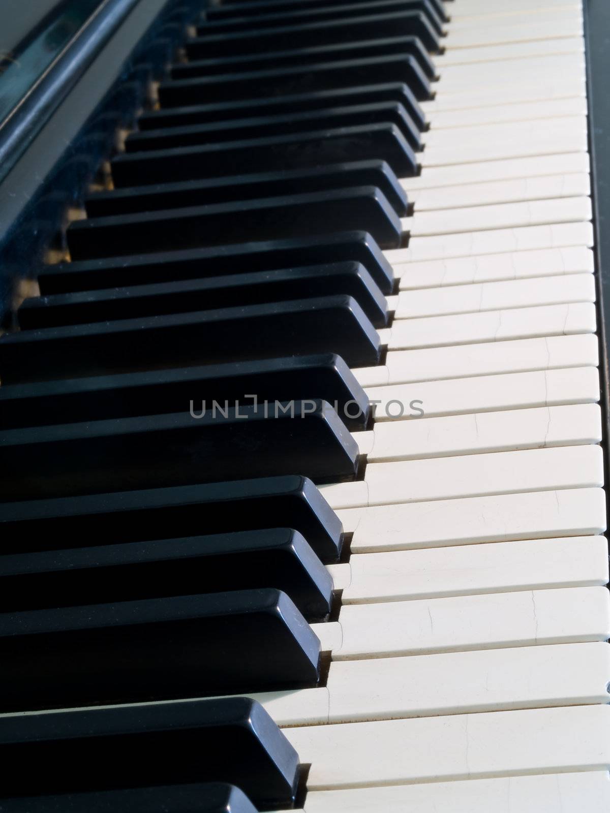 Piano keys of a very well loved and often played piano 