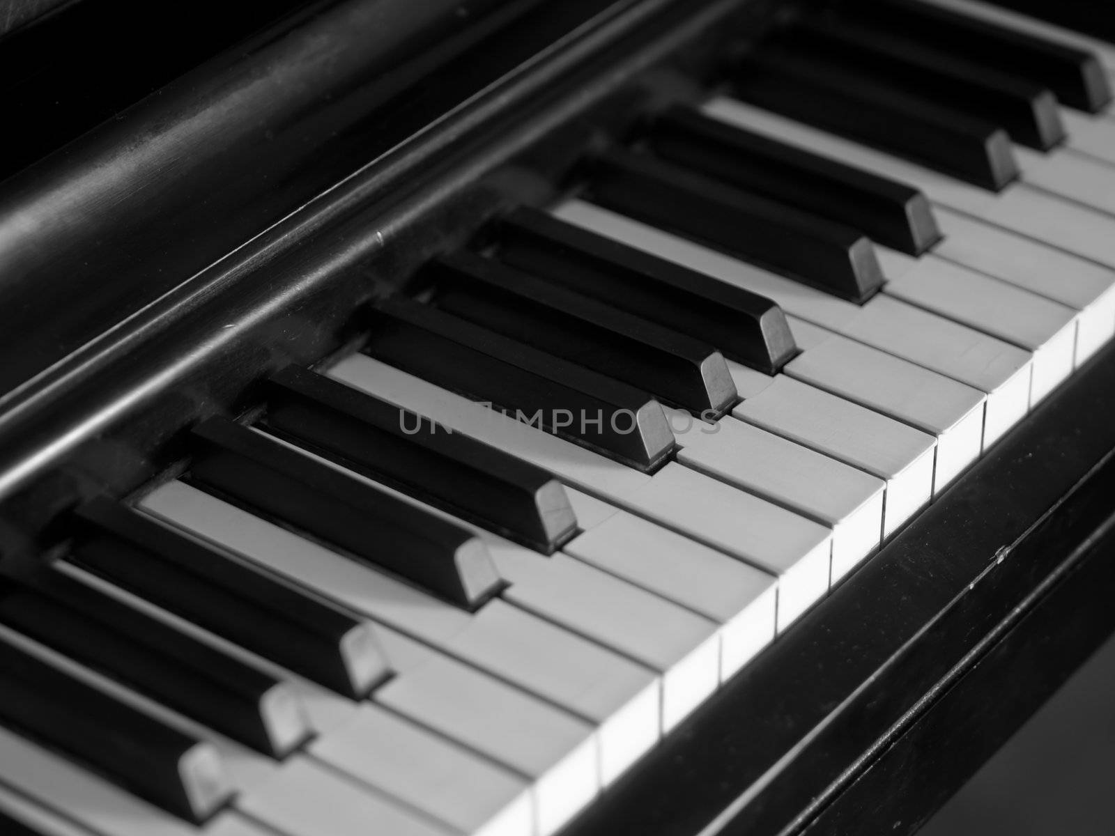 Piano keys of a very well loved and often played piano 