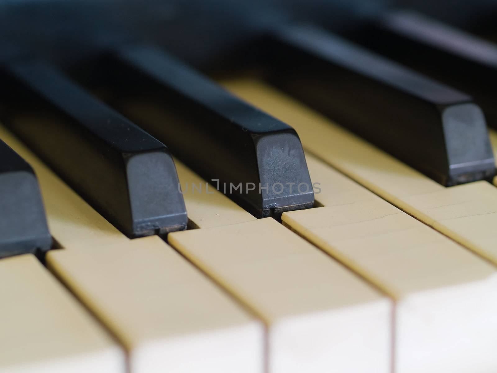 Piano keys of a very well loved and often played piano