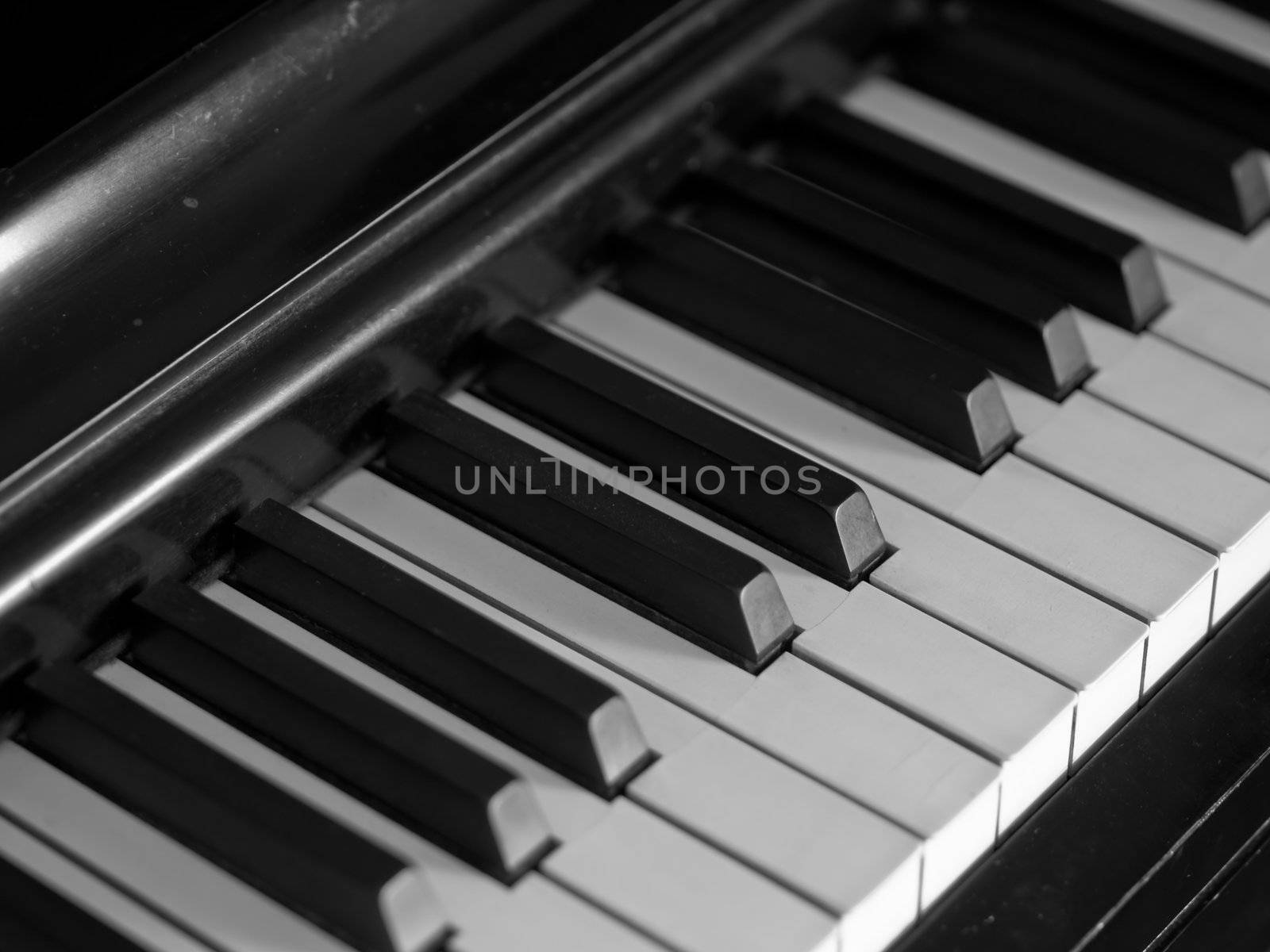 Piano keys of a very well loved and often played piano in monochrome Black and Whit