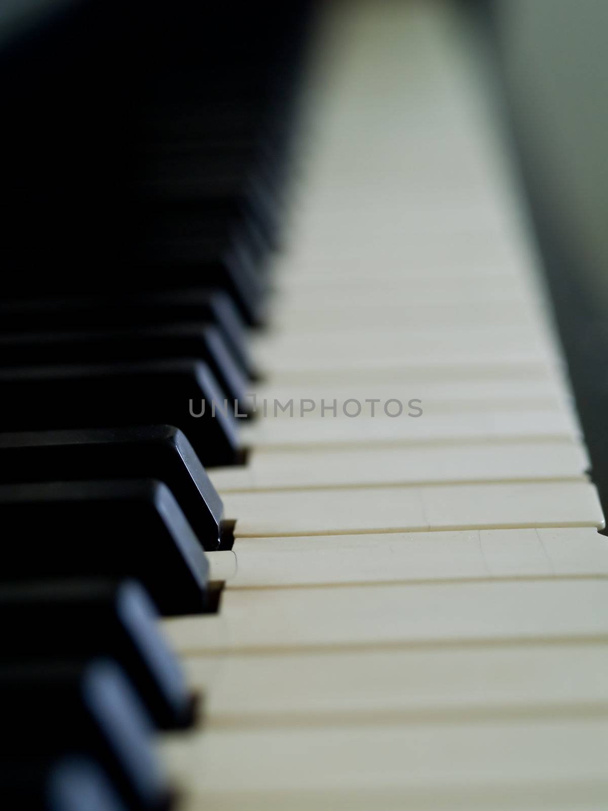 Piano keys of a very well loved and often played piano 