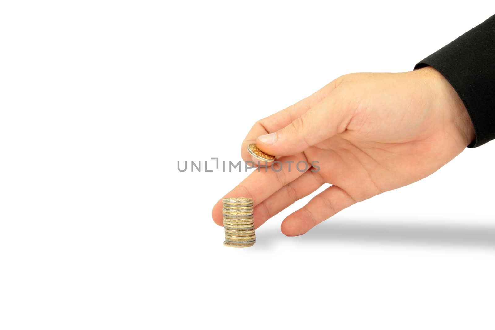 hand with coins isolated on white background