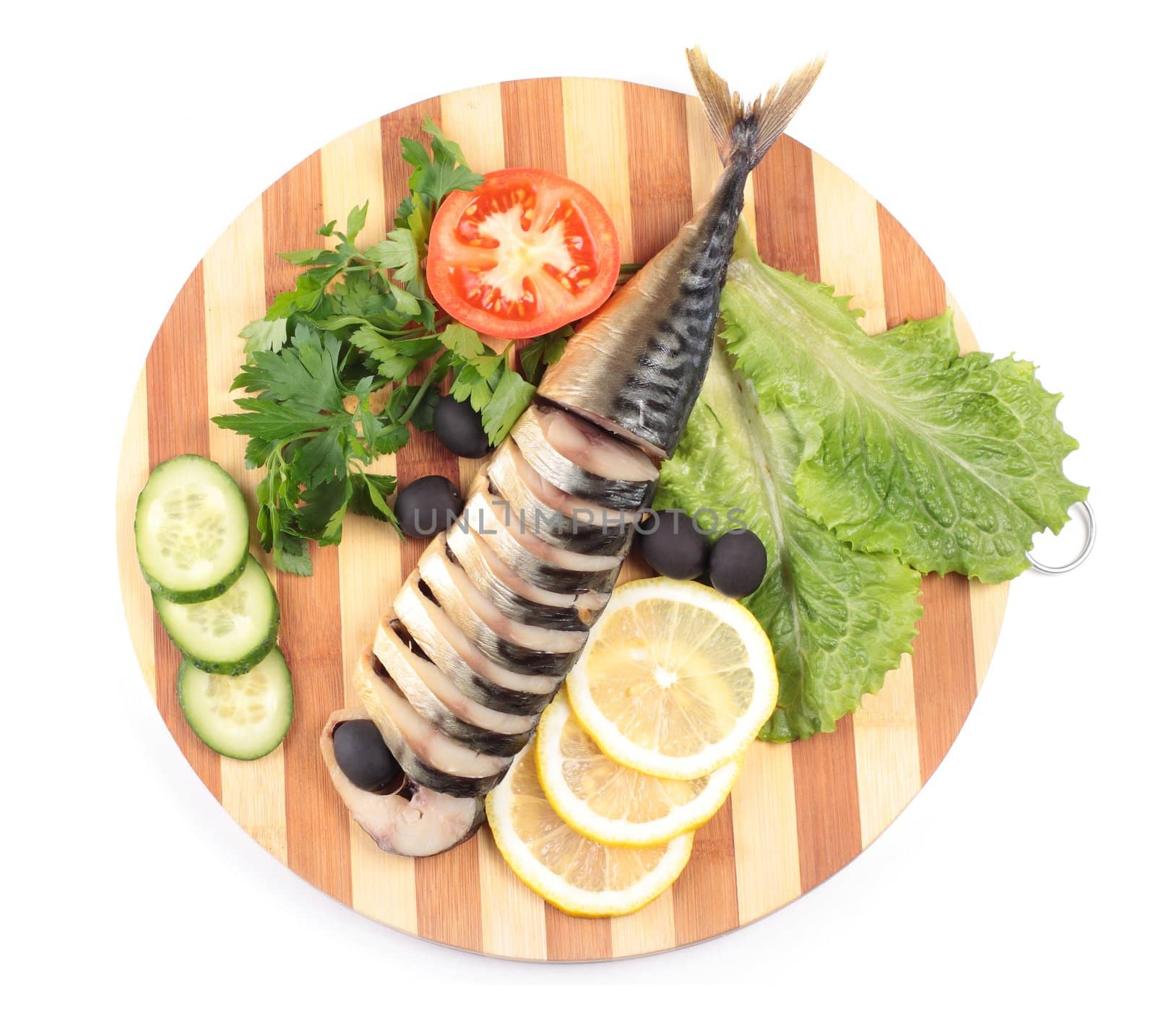 sliced herring on wooden plate isolated on white