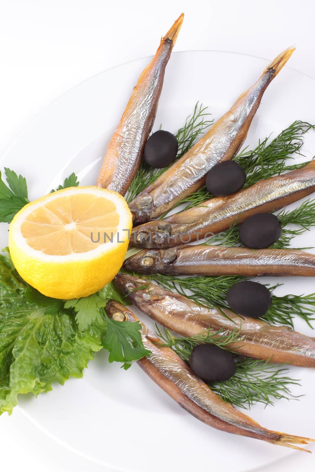 kipper fish on composition with vegetables close up