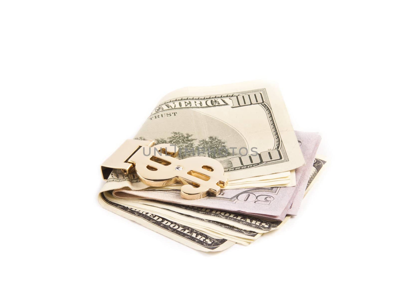 dollar with golden clip isolated on white