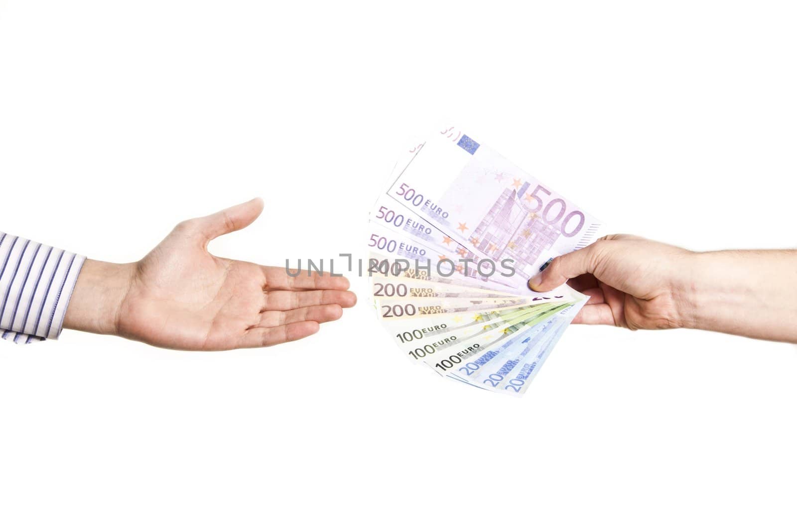 man hand taking euro notes isolated on white