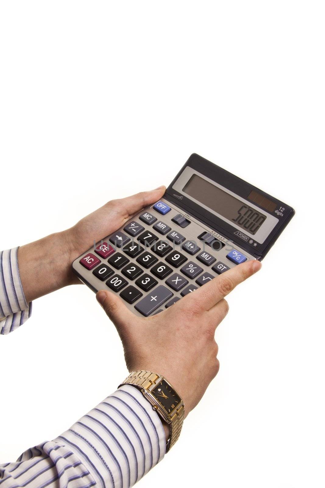 Male businessman using a calculator isolated on white