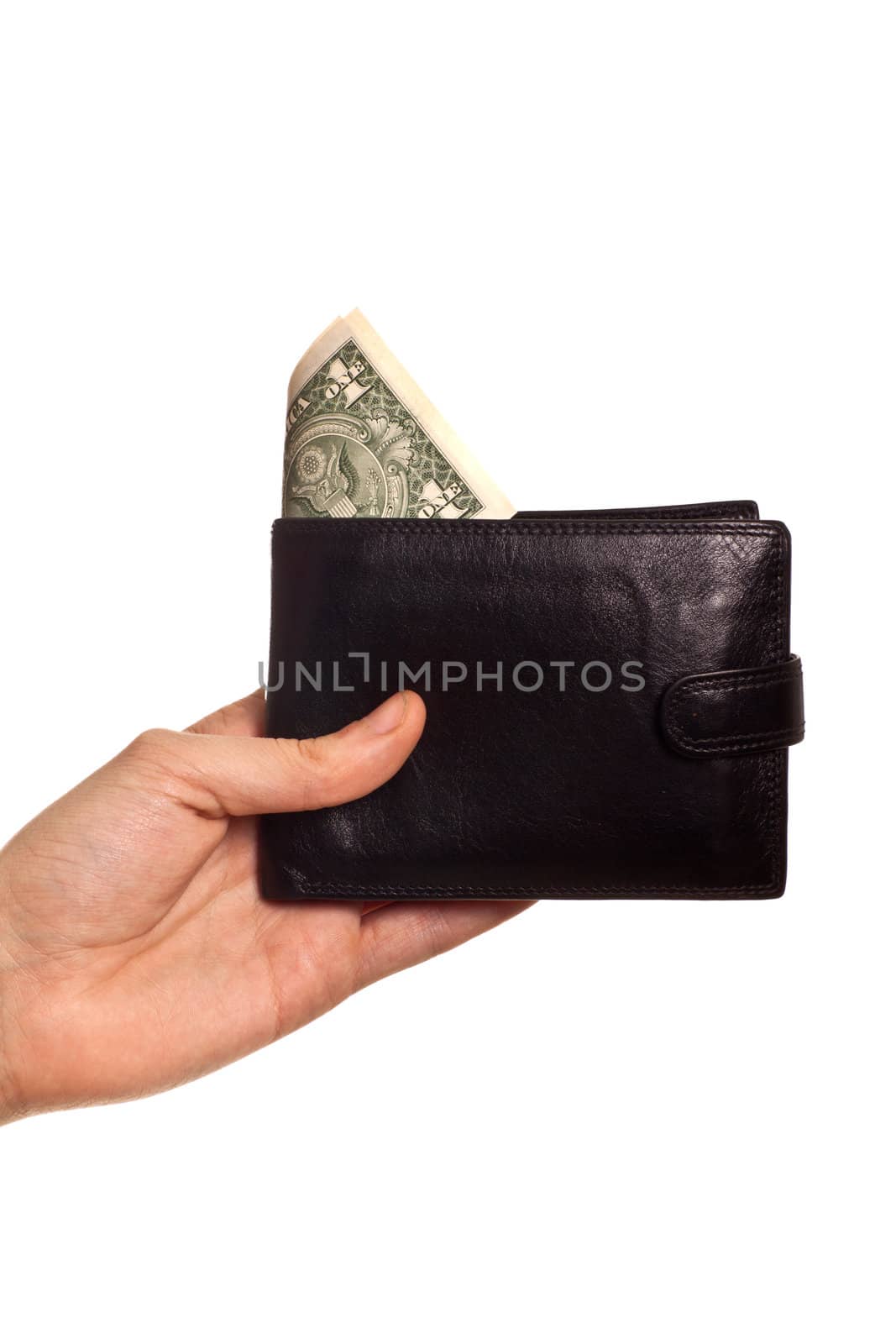 hand holding purse with dollar isolated on white