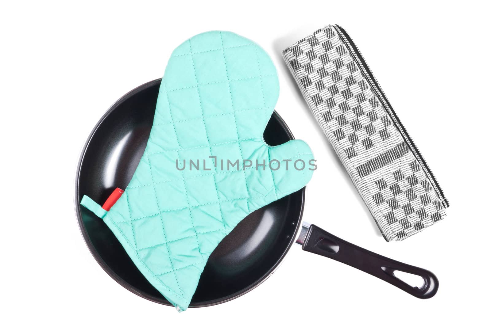 Kitchen glove in pan with grater isolaetd on white
