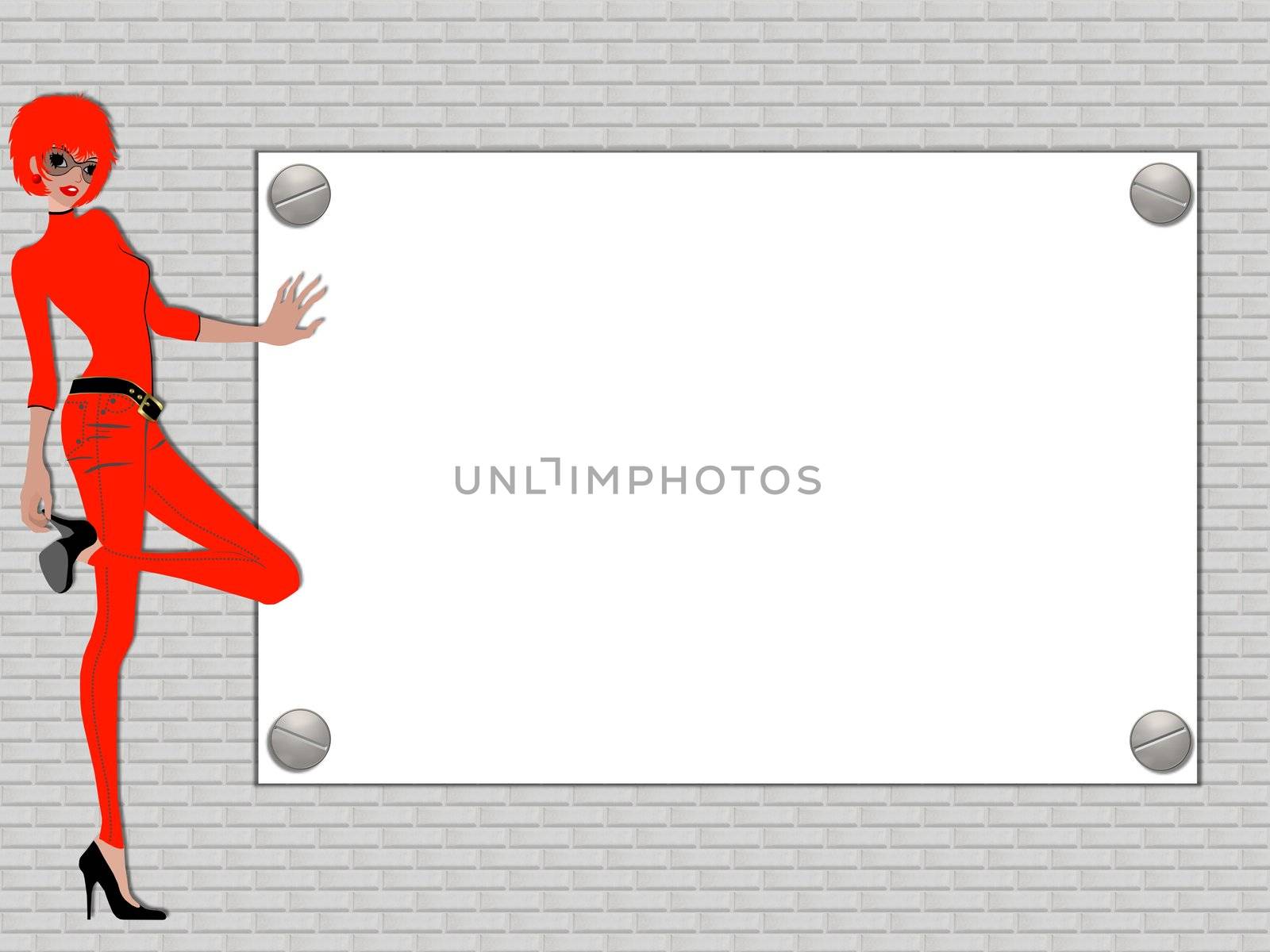 Illustration of a red woman in front of a wall with placard by peromarketing