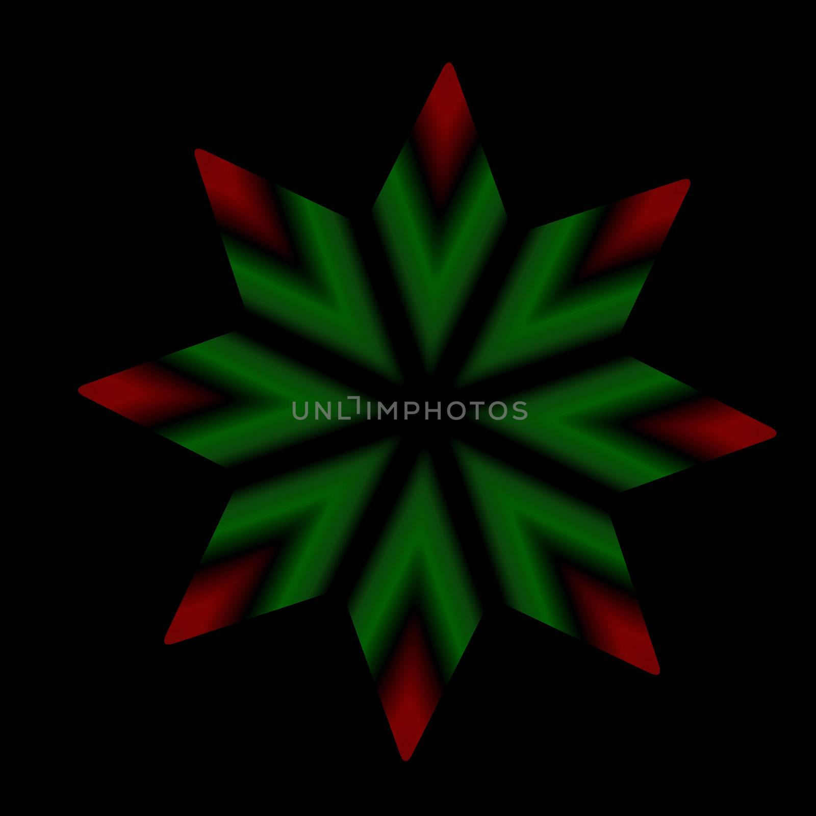 An eight pointed Christmas star done in red and green on a black background.