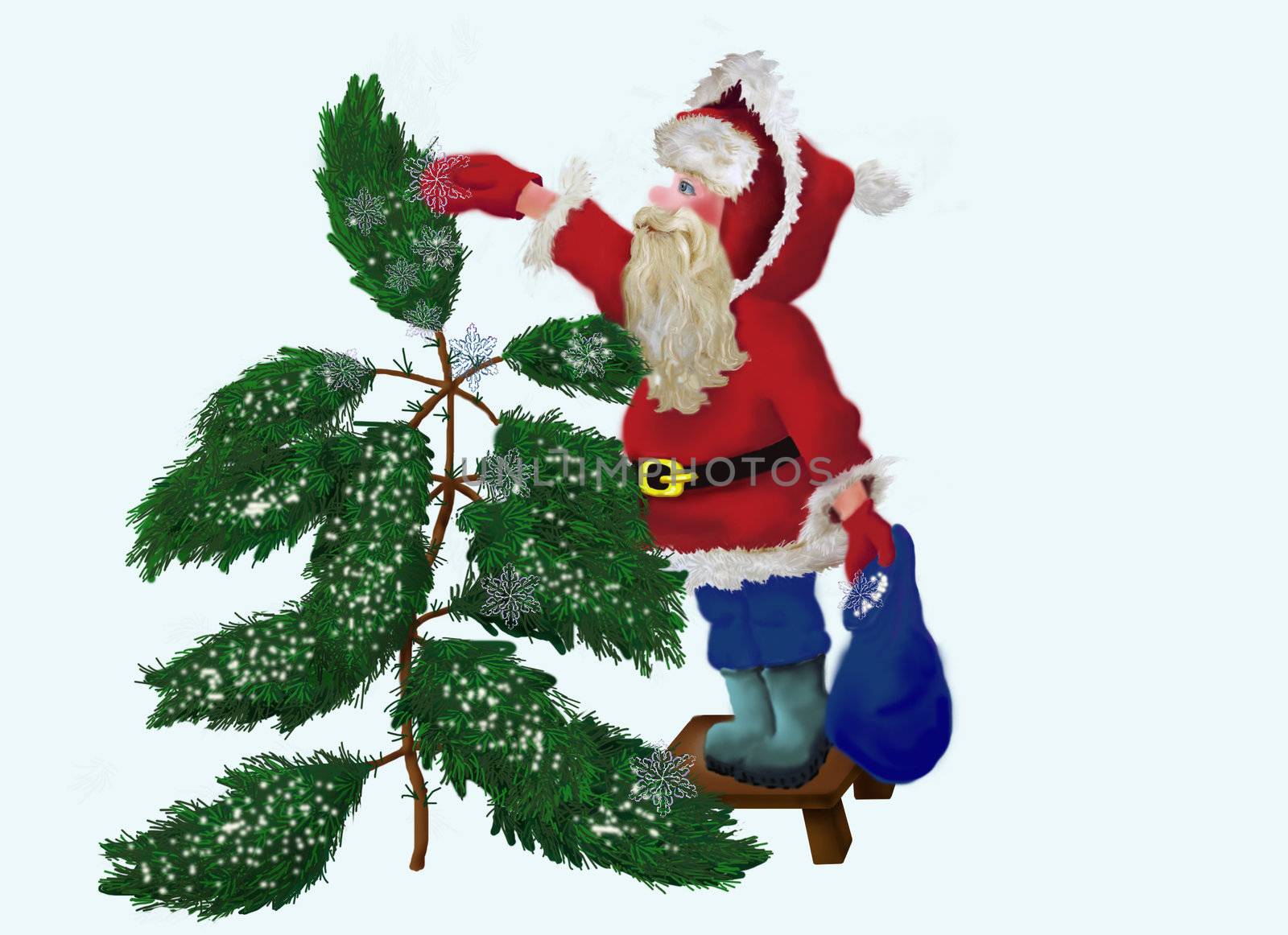 illustration of a Santa Claus sifting Evergreen with snow. The vector version is a fully editable EPS file, compressed in a zip file. Can be scaled to any size without loss of quality