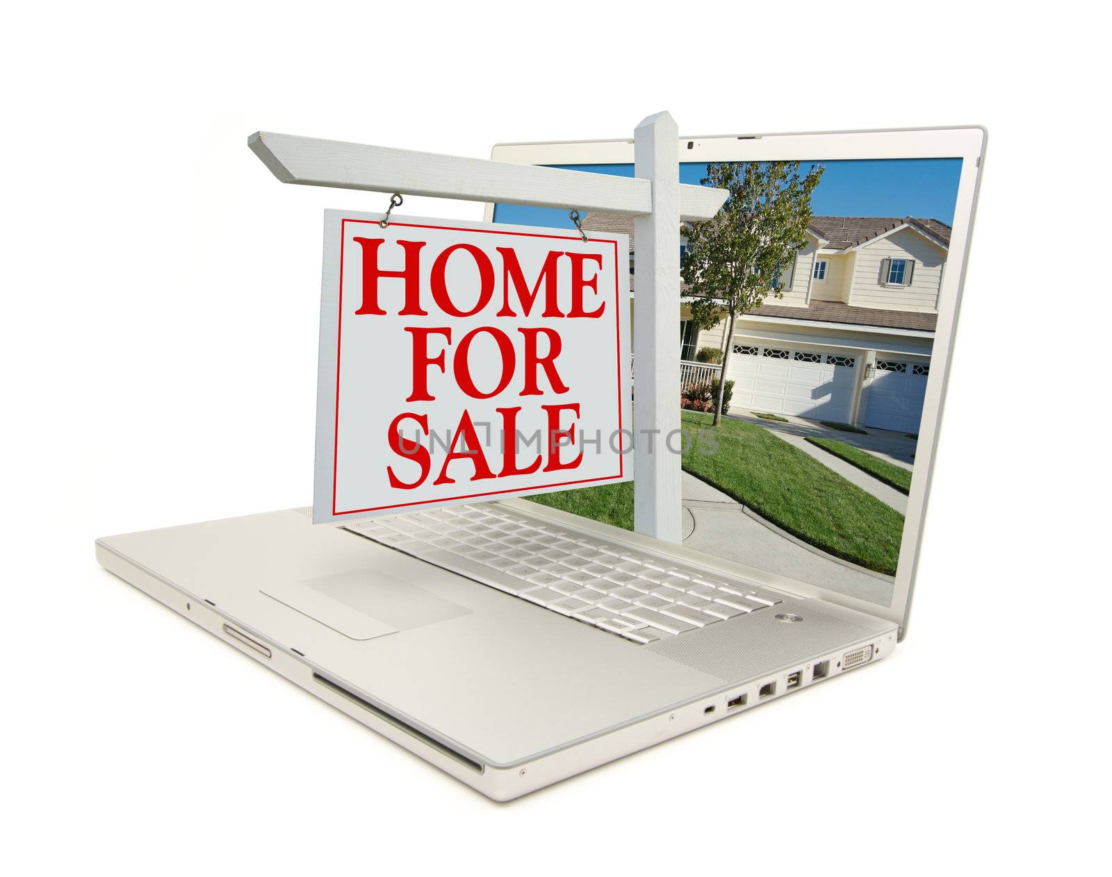 Home for Sale Sign & New Home on Laptop isolated on a white Background.