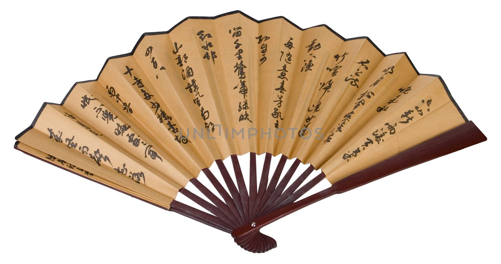 isolated traditional asian hand fan with hieroglyphes with hieroglifes on white background