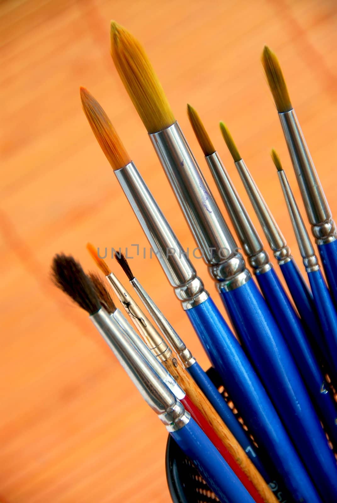 Paintbrushes in a metal mesh holder 