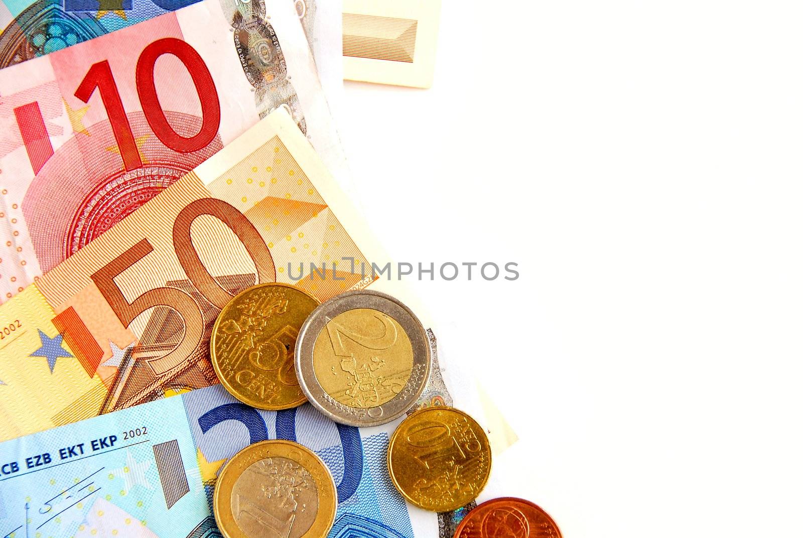 Currency of European union bills and coins, space for copy