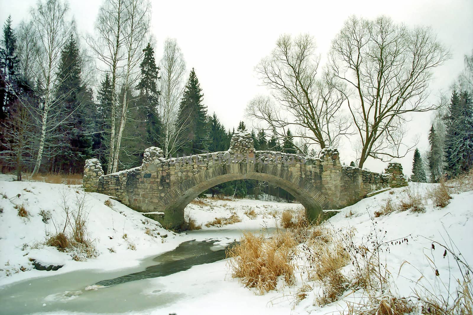 Ancient bridge over iced river by mulden